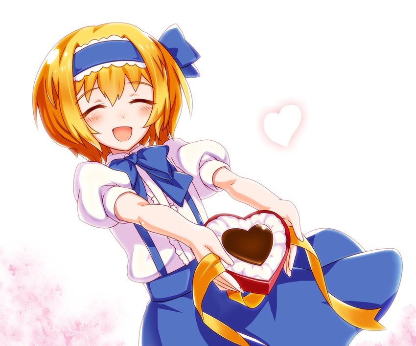 alice_margatroid alice_margatroid_(pc-98) blonde_hair blue_hairband blush bobomaster box capelet chocolate chocolate_heart closed_eyes hair_ornament hair_ribbon hairband heart open_mouth ribbon short_hair skirt smile solo suspenders touhou touhou_(pc-98) valentine