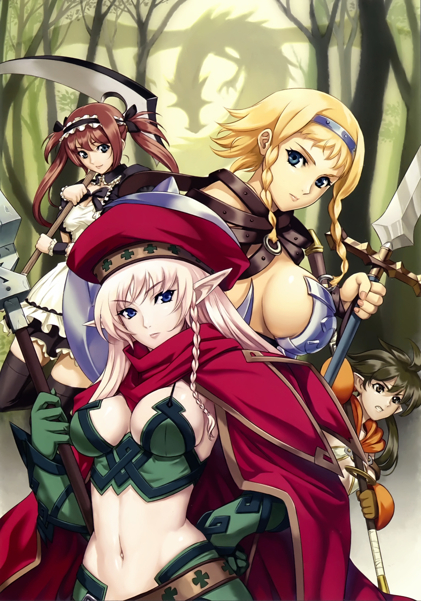 4girls absurdres airi airi_(queen's_blade) alleyne alleyne_(queen's_blade) armor blonde_hair blue_eyes braid breasts cape cleavage eiwa elbow_gloves elf flat_chest gloves highres large_breasts leina long_hair midriff multiple_girls nowa panties pointy_ears queen's_blade queen's_blade red_hair ribbon scythe side_braid staff sword thighhighs twintails underwear weapon white_panties zettai_ryouiki