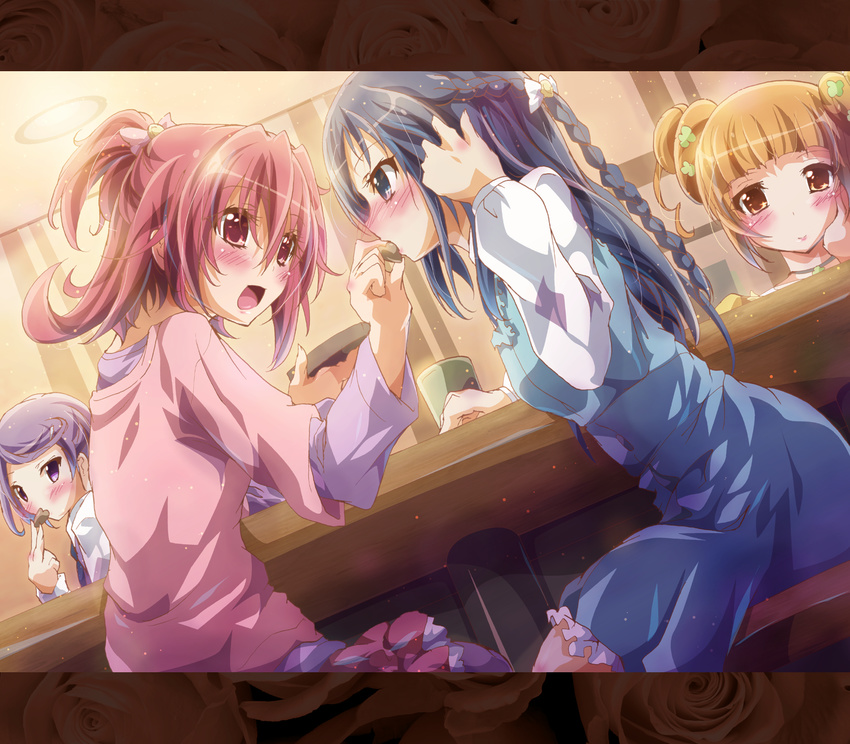 aida_mana blue_eyes blue_hair blush braid brown_eyes brown_hair chocolate chocolate_heart dokidoki!_precure eating feeding flipped_hair half_updo heart highres hishikawa_rikka inoshishi_(ikatomo) kenzaki_makoto letterboxed long_hair multiple_girls open_mouth pink_eyes pink_hair precure purple_eyes purple_hair short_hair single_braid sitting smile yotsuba_alice yuri