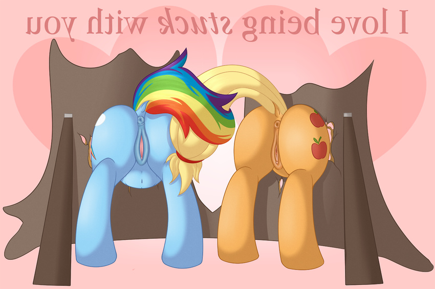 applejack_(mlp) butt duo equine female feral friendship_is_magic horse mammal my_little_pony nude pony presenting presenting_hindquarters pussy rainbow_dash_(mlp) ratofdrawn stuck