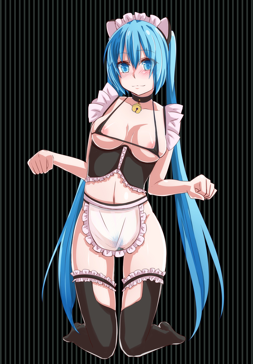 1girl absurdres animal_ears bell bell_collar blue_eyes blue_hair blush breasts cat_ears collar female hatsune_miku highres jingle_bell kneeling long_hair looking_at_viewer maid_headdress mujakuma nipple_slip nipples paw_pose pubic_hair see-through solo striped striped_background thighhighs twintails very_long_hair vocaloid
