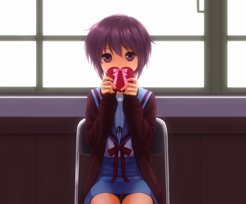 akahige box chair chocolate chocolate_heart covering_mouth cowboy_shot gift gift_box heart highres kita_high_school_uniform nagato_yuki panties purple_eyes purple_hair school_uniform serafuku short_hair sitting solo suzumiya_haruhi_no_yuuutsu underwear upskirt valentine window