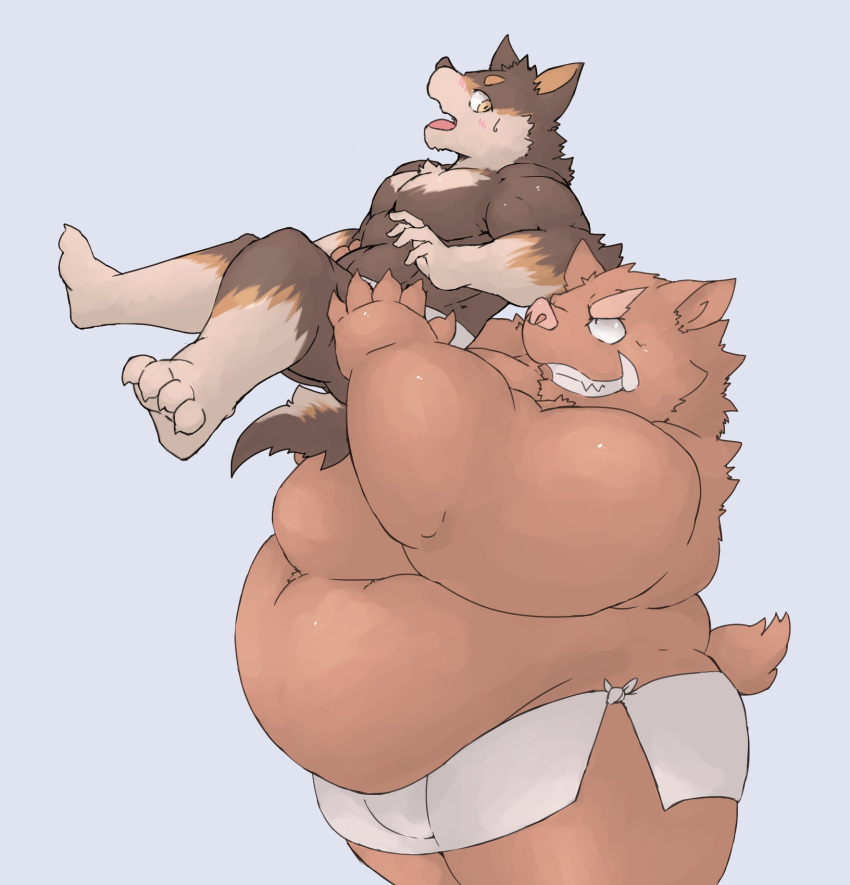 2019 anthro belly blush boar brown_fur canine dog duo fur gabu2929 humanoid_hands male mammal obese overweight porcine simple_background