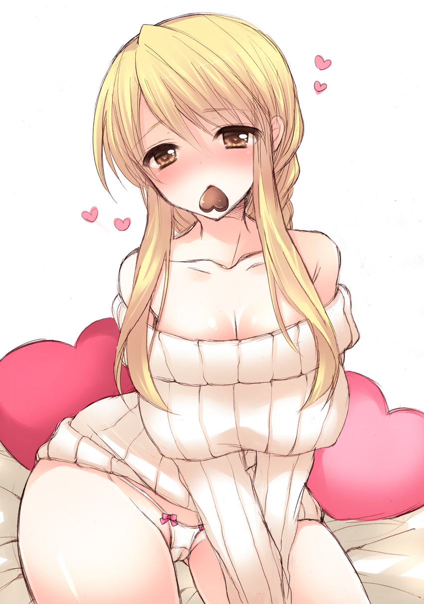 agrias_oaks bare_shoulders blonde_hair blush bow bow_panties breasts cameltoe chocolate cleavage final_fantasy final_fantasy_tactics heart highres huge_breasts long_hair looking_at_viewer micro_panties mouth_hold off-shoulder_sweater panties pocopoco ribbed_sweater sitting solo sweater underwear valentine white_panties yellow_eyes