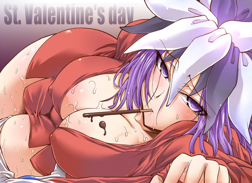 bottomless breasts chocolate cleavage covered_nipples food huge_breasts kuzuryuu_amane looking_at_viewer lying megami_ibunroku_devil_survivor mouth_hold no_bra on_side pocky purple_eyes purple_hair segami_daisuke solo sweat valentine