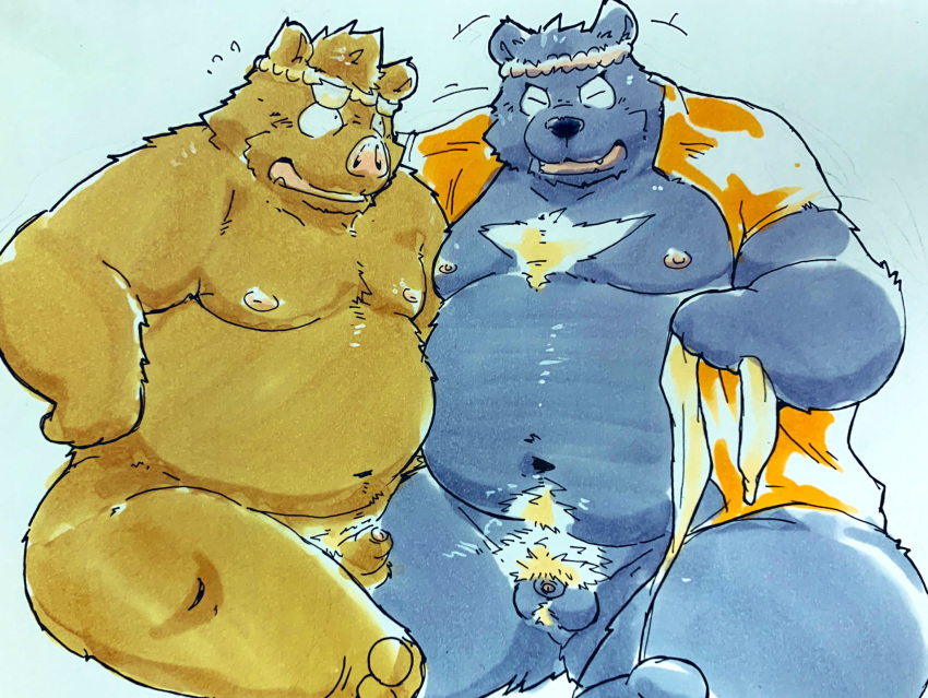 2019 anthro balls belly black_nose blue_background blue_fur boar brown_fur clothed clothing duo eyes_closed flaccid fundoshi fur japanese_clothing male mammal moobs navel nipples open_shirt overweight overweight_male penis porcine shirt simple_background sitting small_penis suishou0602 underwear ursine