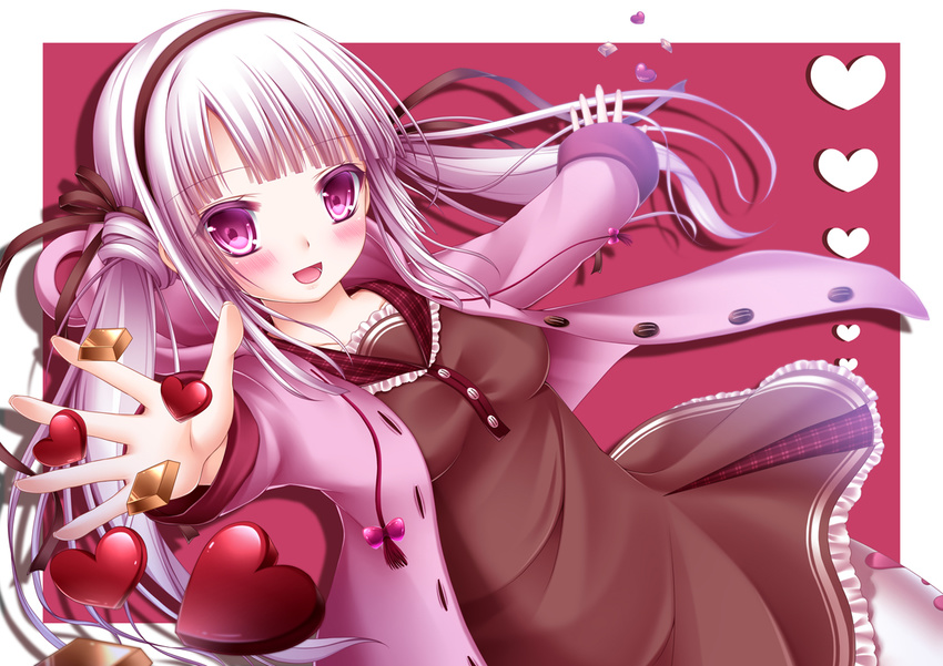 :d bow chocolate chocolate_heart hair_bow hair_ribbon hairband heart hood hood_down hooded_jacket jacket long_hair looking_at_viewer open_mouth original purple_eyes ribbon shitou silver_hair smile solo twintails valentine