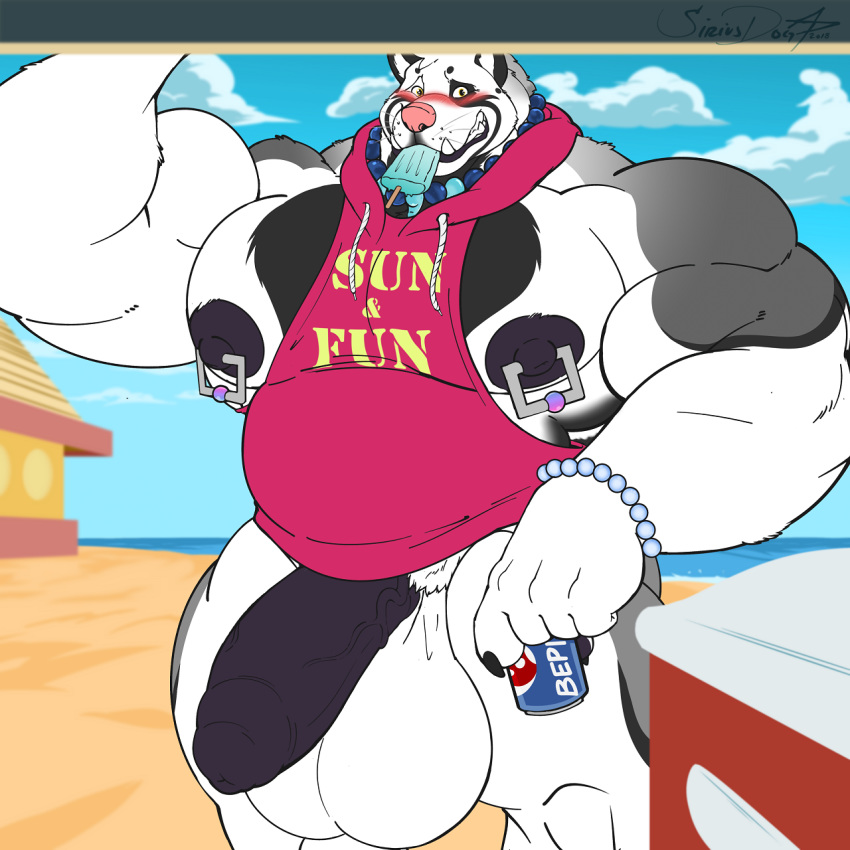 anthro balls beach big_balls big_penis blush bottomless canine clothed clothing dessert food half-erect huge_balls huge_muscles humanoid_penis ice_cream male mammal muscular muscular_male nipple_piercing nipples outside pecs penis piercing seaside siriusdog standing uncut vein