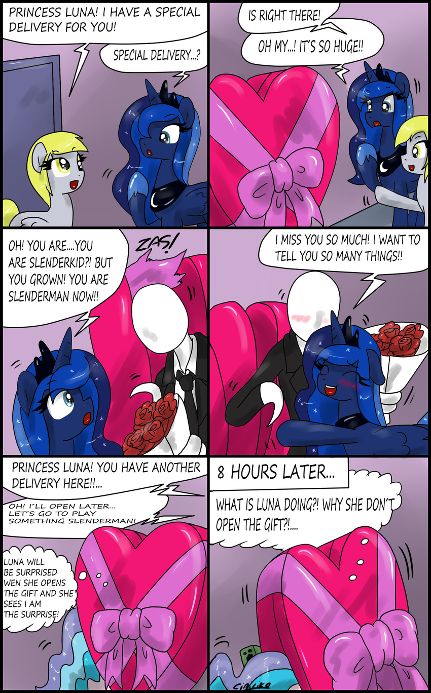 &lt;3 blonde_hair blush ciriliko clothing creeper crown derpy_hooves_(mlp) dialog english_text equine female feral flower friendship_is_magic hair holidays horn horse hug mammal minecraft moon multi-colored_hair my_little_pony necklace pegasus pony princess princess_celestia_(mlp) princess_luna_(mlp) rose royalty slenderman sparkles suit text valentine's_day valentine's_day video_games winged_unicorn wings yellow_eyes
