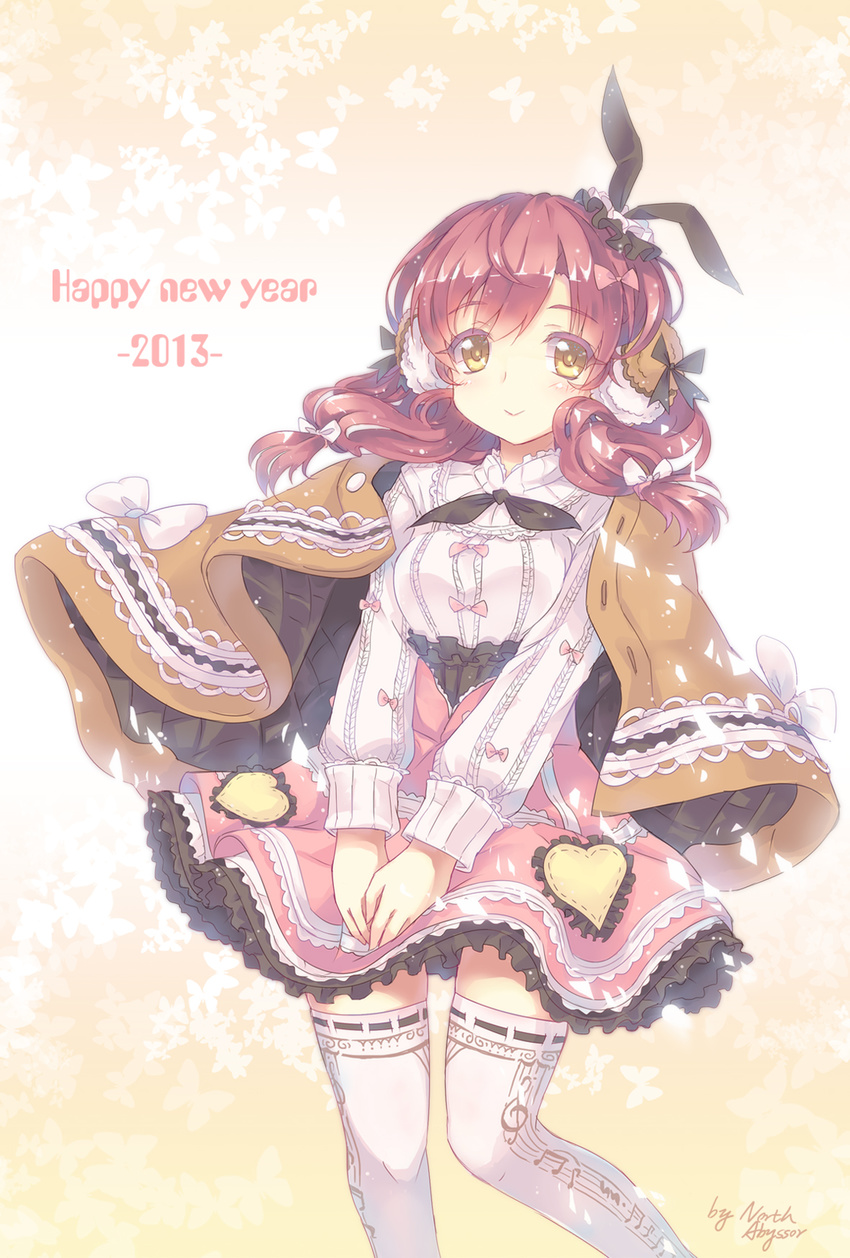 2013 :&gt; blush bow coat earmuffs hair_bow heart highres long_hair looking_at_viewer musical_note new_year north_abyssor original red_hair skirt smile solo thighhighs v_arms white_legwear
