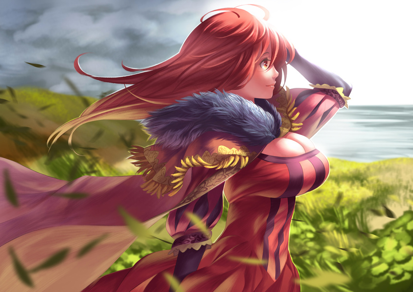arm_up bangs blurry breasts bursting_breasts cape capelet cleavage cloud day depth_of_field dress field floating_hair fringe_trim fukushi_ryouhei fur_trim grass hair_between_eyes hand_on_own_head lace lace-trimmed_dress large_breasts leaf long_hair maou_(maoyuu) maoyuu_maou_yuusha motion_blur nature ocean outdoors profile puffy_short_sleeves puffy_sleeves red_dress red_eyes red_hair short_sleeves sky smile solo striped upper_body water wind