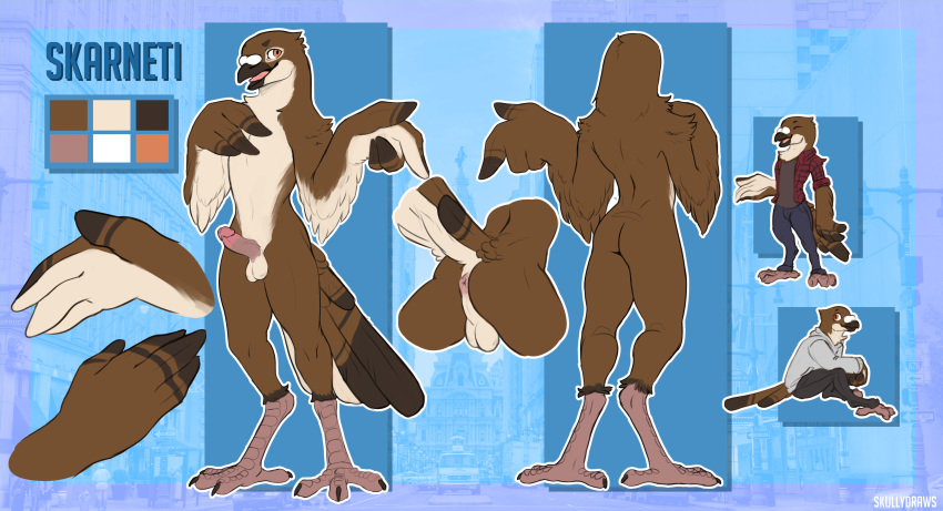 absurd_res anisodactyl anthro anus avian backsack balls beak bird brown_feathers clothed clothing columbid feathers hi_res humanoid_penis male model_sheet nude penis pigeon skarneti skullysilverwolf solo tail_feathers