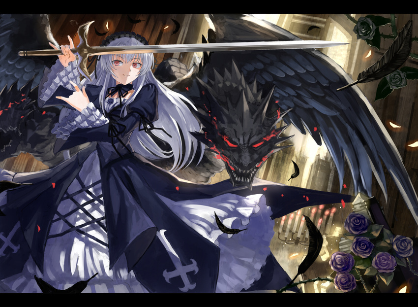 \m/ black_wings cross dragon dress feathers flower frills gothic_lolita hairband inverted_cross letterboxed lolita_fashion long_hair open_mouth red_eyes rose rozen_maiden sharp_teeth smile solo suigintou sword teeth ultimate_asuka weapon white_hair wings