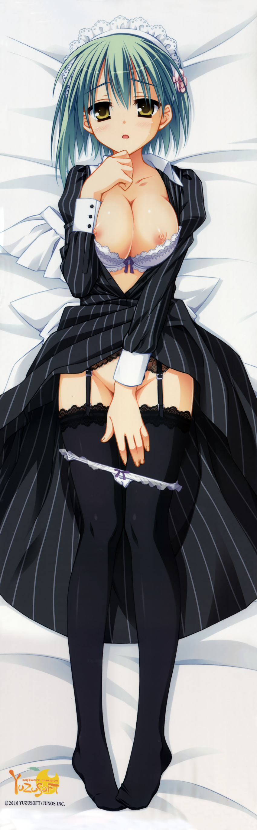absurdres black_legwear bra bra_pull breasts cleavage covering covering_crotch dakimakura dress dress_lift full_body garter_belt green_hair highres huge_filesize lace lace-trimmed_thighhighs large_breasts legs long_sleeves maid_headdress muririn nipples noble_works open_clothes open_dress panties panty_pull pinstripe_pattern purple_bra solo striped thighhighs tsukiyama_sena underwear white_panties yellow_eyes