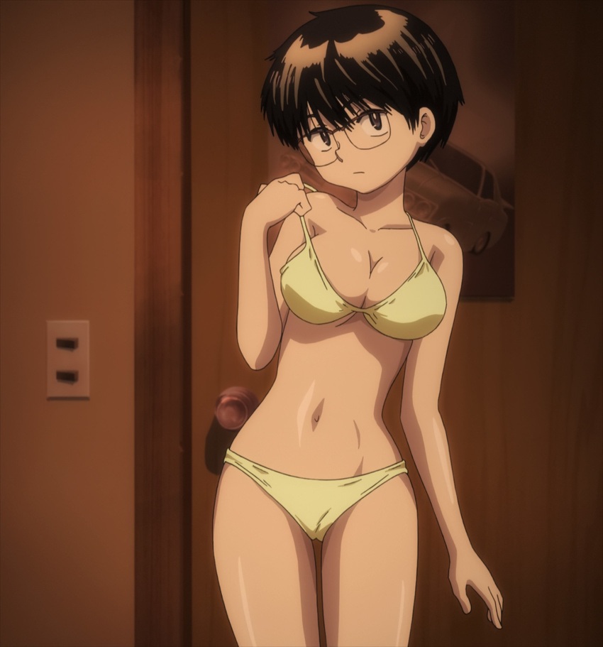 1girl bikini breasts brown_eyes brown_hair cleavage glasses highres large_breasts midriff nazo_no_kanojo_x oka_ayuko screencap short_hair solo stitched swimsuit thighs