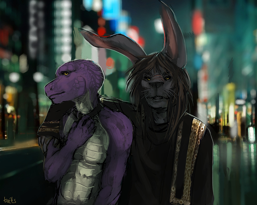 brown_hair collar couple dinosaur gay grey_fur hair hug lagomorph long_hair male nude purple_skin rabbit scalie smile teeth treats yellow_eyes