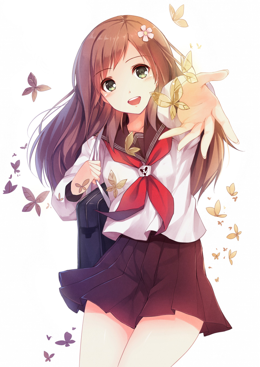 :d bag bangs black_skirt brown_hair bug butterfly caidychen caidychen's_green-eyed_girl cowboy_shot eyebrows_visible_through_hair flower green_eyes hair_flower hair_ornament highres insect long_hair long_sleeves looking_at_viewer open_mouth original outstretched_hand school_bag school_uniform serafuku skirt smile solo