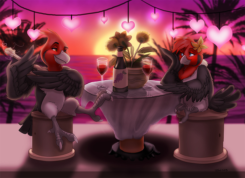 alcohol avian beverage bird drink female flower flower_in_hair grey_feathers ifus instrument male outside red_feathers romantic sunset wine