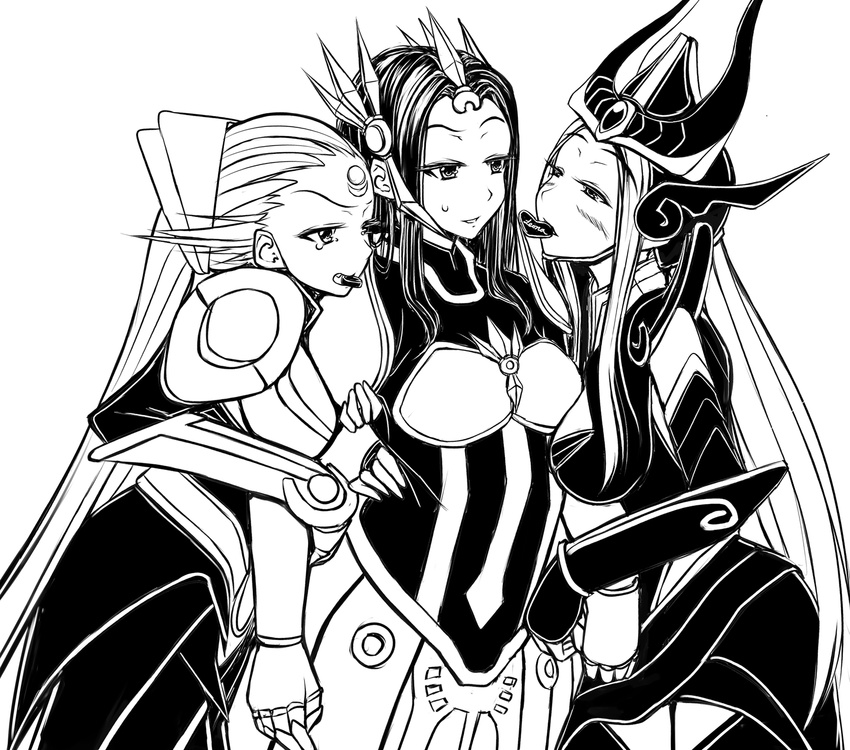 armor breasts chocolate cleavage diana_(league_of_legends) ear_protection forehead_protector greyscale helmet highres hug league_of_legends leona_(league_of_legends) long_hair monochrome multiple_girls oldlim syndra valentine
