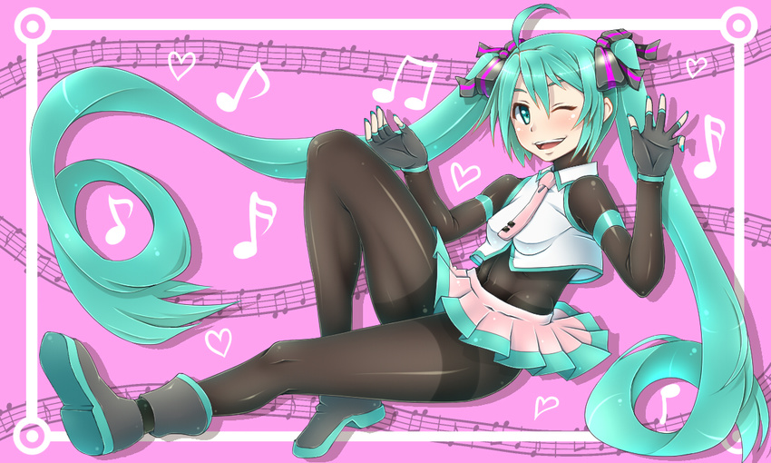 ahoge bodystocking bodysuit fingerless_gloves gloves green_eyes green_hair hatsune_miku j_(shining-next) long_hair midriff musical_note necktie one_eye_closed pantyhose shiny shiny_clothes skirt solo thighband_pantyhose twintails very_long_hair vocaloid