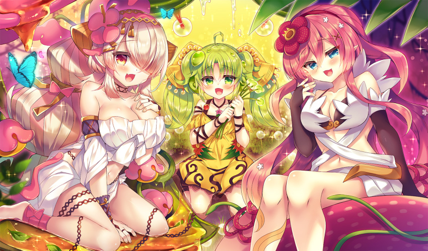 3girls :d ahoge animal arm_support bangs bare_shoulders barefoot between_legs blue_eyes breasts bridal_gauntlets brown_hair bug butterfly chain cleavage commentary_request dress duel_monster green_eyes green_hair hair_over_one_eye hand_between_legs hand_up hands_up highres holding large_breasts long_hair multiple_girls navel off-shoulder_dress off_shoulder pink_hair red_eyes smile suzunone_rena traptrix_pinguicula traptrix_rafflesia traptrix_sera twintails very_long_hair white_dress yellow_dress yu-gi-oh!