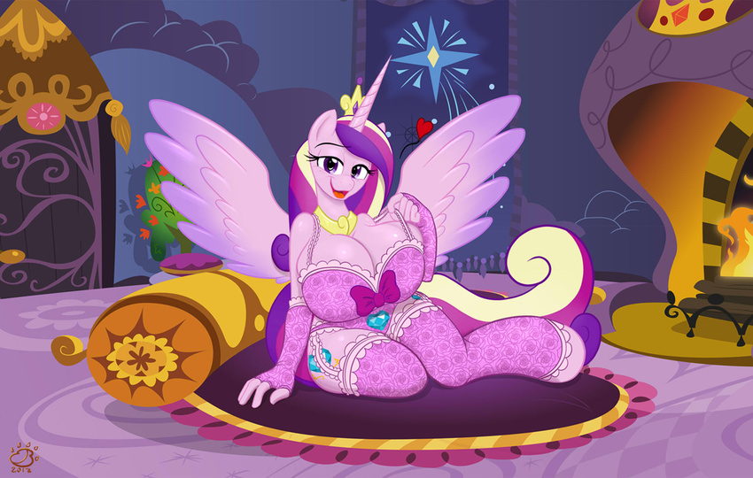 &lt;3 anthro badgerben bedroom big_breasts bow breasts cutie_mark equine female fireplace friendship_is_magic hair happy horn huge_breasts invalid_tag lingerie looking_at_viewer mane my_little_pony open_mouth panties pillow pose princess_cadance_(mlp) ranged_weapon skimpy solo stockings underwear unicorn weapon wings