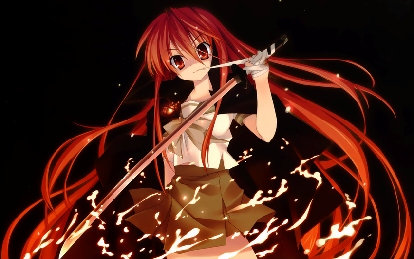 alastor_(shakugan_no_shana) bandages black_background cloak green_skirt highres holding holding_sword holding_weapon long_hair muramasa_ryuunosuke pleated_skirt red_eyes red_hair school_uniform shakugan_no_shana shana skirt solo sword weapon