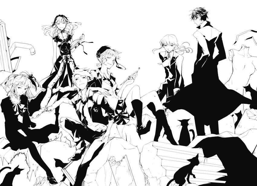 3boys 3girls alternate_costume beatrice brother_and_sister clair_vaux_bernardus greyscale kiseru monochrome multiple_boys multiple_girls pipe siblings umineko_no_naku_koro_ni ushiromiya_ange ushiromiya_battler ushiromiya_lion willard_h_wright