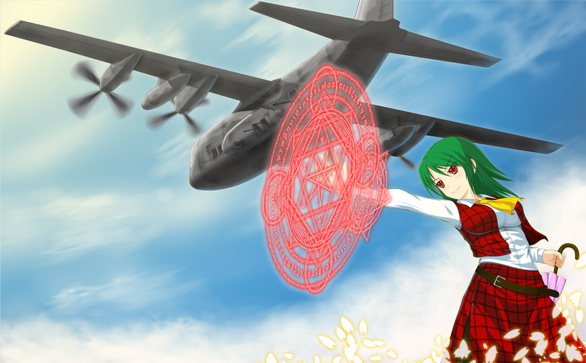 ac-130_spectre aircraft airplane ascot belt breasts closed_umbrella day green_hair grin gun highres kazami_yuuka magic_circle master_spark medium_breasts midnight_(banyex) military plaid plaid_skirt plaid_vest red_eyes short_hair skirt skirt_set sky smile solo touhou umbrella vest weapon