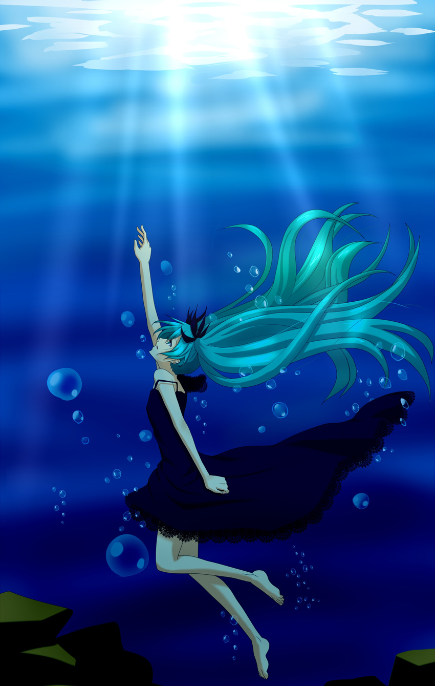 absurdres aoinu_(shuumatsugeki) aqua_eyes aqua_hair bad_id bad_pixiv_id barefoot dress hatsune_miku highres legs long_hair looking_up reaching shinkai_shoujo_(vocaloid) solo underwater very_long_hair vocaloid water