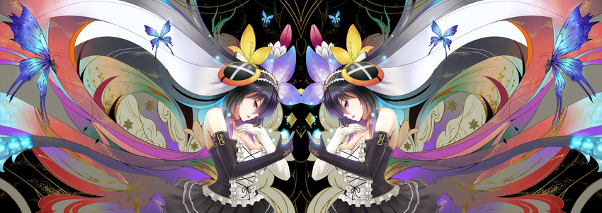 black_hair blue_eyes breasts bug butterfly choker cleavage cross dress elbow_gloves flower gloves hair_ornament hairband hairclip highres insect large_breasts long_hair multiple_girls original red_eyes sts very_long_hair