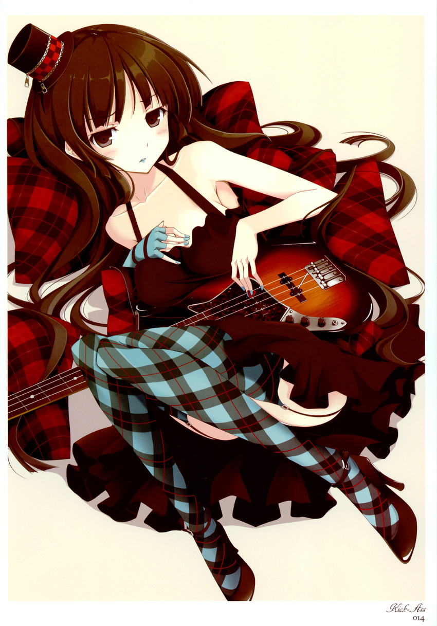 absurdres akiyama_mio argyle argyle_legwear asymmetrical_clothes bare_shoulders bass_guitar black_eyes black_hair blue_legwear blue_nails blush don't_say_"lazy" dress garter_belt gloves hat high_heels highres instrument k-on! lipstick long_hair lying makeup mikoto_akemi mini_hat mini_top_hat nail_polish plaid shoes single_glove solo thighhighs top_hat very_long_hair