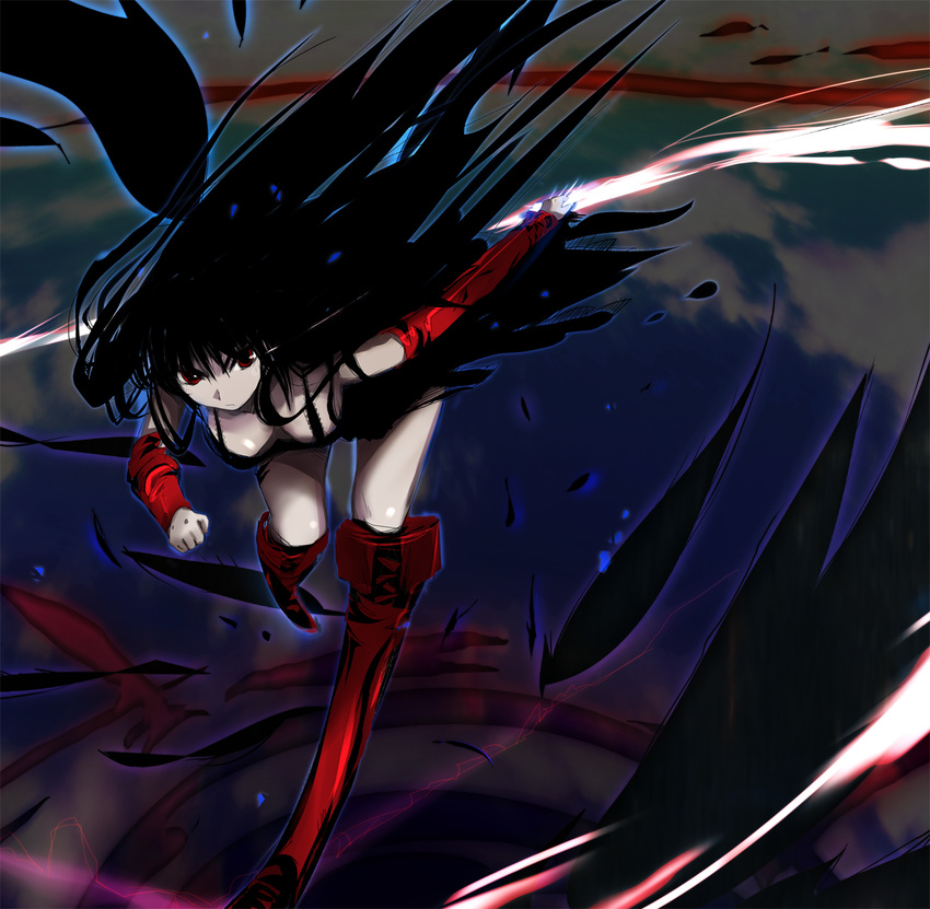 bad_id bad_pixiv_id black_hair boots breasts cleavage energy_sword highres large_breasts nimirom original red_eyes solo sword thigh_boots thighhighs weapon