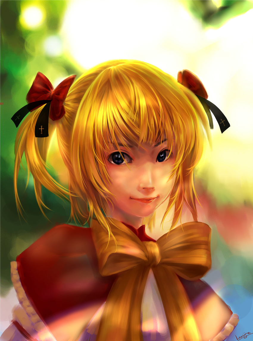 absurdres black_eyes blonde_hair bow bowtie capelet close-up face hair_bow highres lips realistic samanta short_hair smile solo sunny_milk touhou twintails