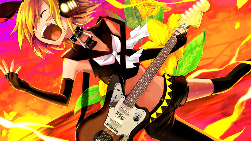 asymmetrical_clothes blonde_hair collar elbow_gloves fangs fingerless_gloves gloves guitar hair_ribbon headphones highres instrument kagamine_rin kaida_michi midriff music navel open_mouth ribbon short_hair singing single_pantsleg solo thighhighs vocaloid