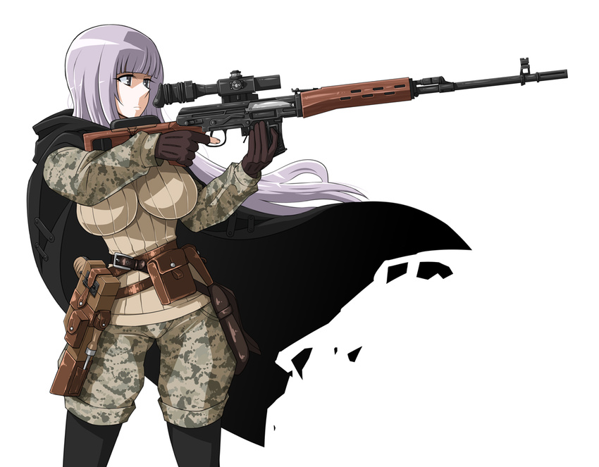 belt breasts cape dragunov_svd enoshima_iki fatigues fingerless_gloves gloves grey_eyes gun handgun holster impossible_clothes impossible_shirt large_breasts legwear_under_shorts long_hair mauser_c96 military military_operator military_uniform original pantyhose pistol pouch rifle scope shirt shorts silver_hair simple_background sniper_rifle solo strap uniform weapon