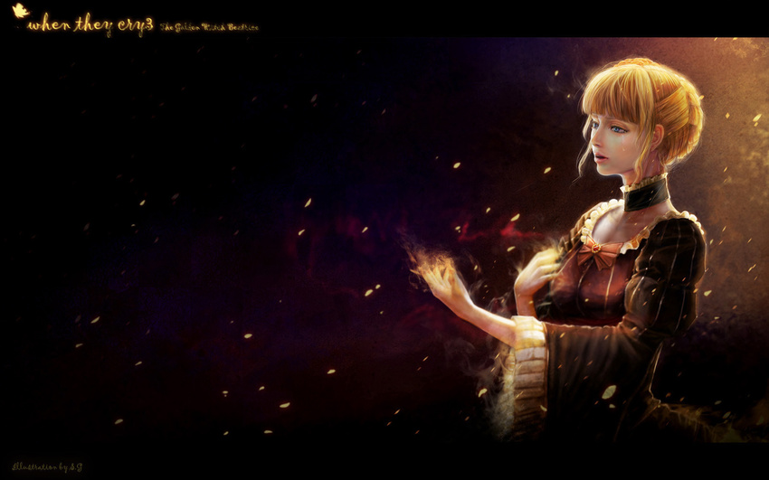 artist_name bangs beatrice blonde_hair blue_eyes bow brooch burning character_name choker dress face fire frills highres hwansang jewelry letterboxed lips petals realistic solo tears umineko_no_naku_koro_ni wide_sleeves