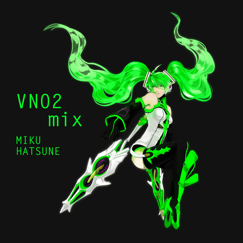 bad_id bad_pixiv_id bangs detached_sleeves gloves glowing green_eyes green_hair hatsune_miku headphones highres long_hair older pochiharu simple_background solo thighhighs twintails very_long_hair vocaloid zettai_ryouiki