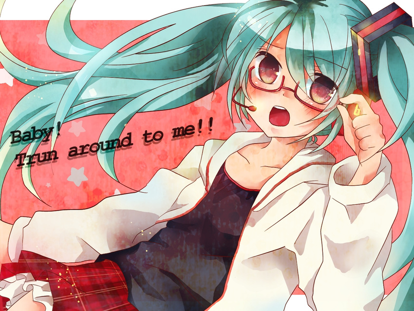 aqua_hair bad_id bad_pixiv_id bespectacled blush engrish glasses hatsune_miku headphones headset kocchi_muite_baby_(vocaloid) long_hair natural_(module) project_diva_(series) project_diva_2nd ranguage red_eyes shirozatou skirt solo twintails vocaloid