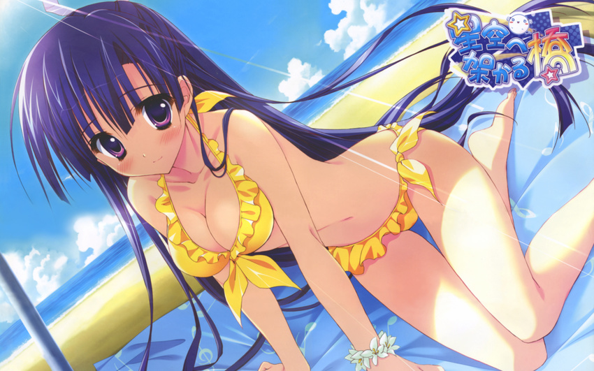 arm_support beach beamed_eighth_notes bikini blue_hair blush bracelet breasts cleavage cloud copyright_name day dutch_angle eighth_note flower frilled_bikini frills front-tie_top highres hoshizora_e_kakaru_hashi jewelry koumoto_madoka light_smile logo long_hair medium_breasts musical_note musical_note_print outdoors purple_eyes ryouka_(suzuya) side-tie_bikini sky solo swimsuit thigh_gap treble_clef very_long_hair wallpaper yellow_bikini