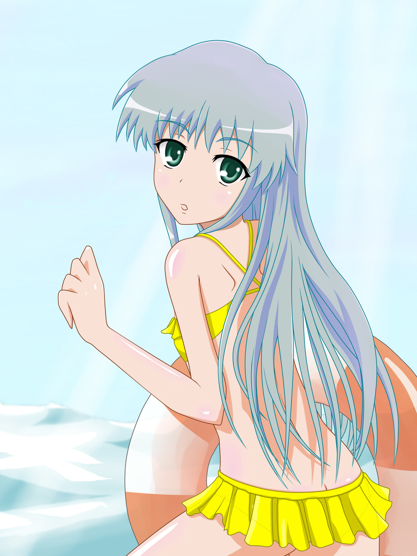 :o aqua_eyes back bad_id bad_pixiv_id beach bikini butt_crack day flat_chest frilled_bikini frills from_behind highres index kemickoko long_hair looking_back open_mouth outdoors see-through silver_hair sky solo surprised swimsuit to_aru_majutsu_no_index