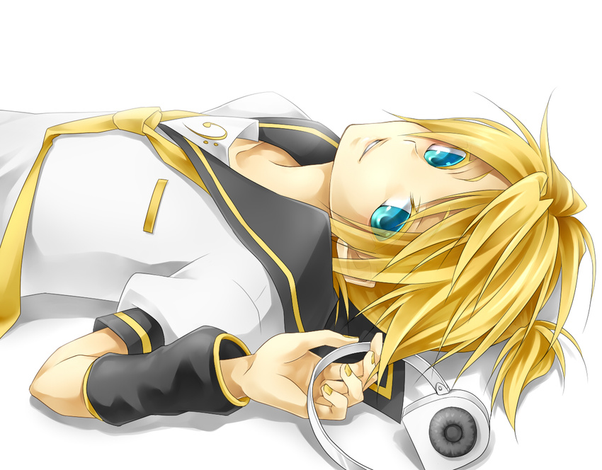 blond_hair blue_eyes detached_sleeves headphone kagamine_len laying_down nails pony_tail smile tagme tie vocaloid white