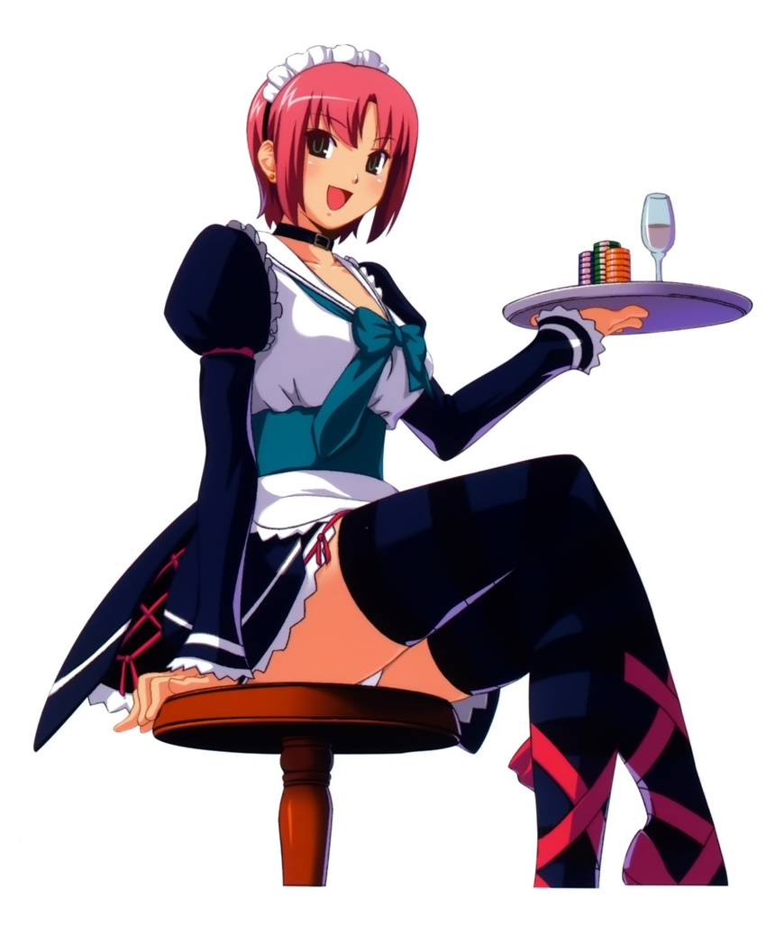apron artist_request blush breasts collar crossed_legs cup dress drinking_glass earrings highres jewelry large_breasts legs maid maid_headdress panties pink_hair poker_chip ribbon rio_rollins shoe_ribbon shoes short_hair sitting smile solo stool super_blackjack thighhighs tray underwear waitress wine_glass
