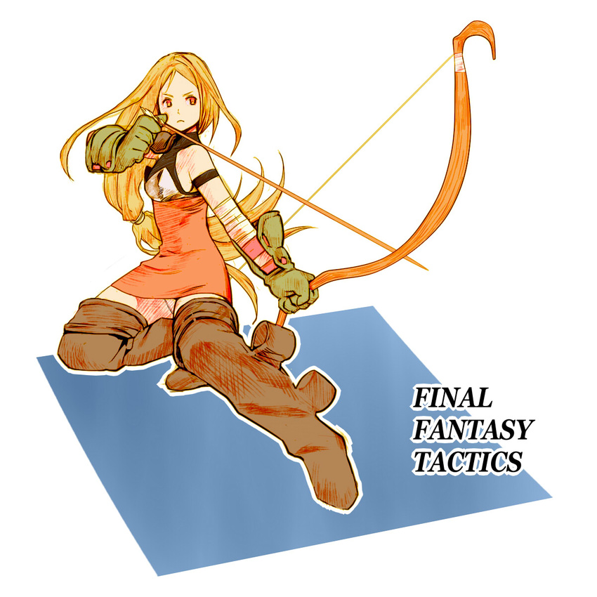 aiming archer_(fft) arrow bad_id bad_pixiv_id blonde_hair blush boots bow_(weapon) drawing_bow dress final_fantasy final_fantasy_tactics gloves haru_(calipur) highres holding holding_arrow holding_bow_(weapon) holding_weapon long_hair outstretched_arm panties solo thigh_boots thighhighs underwear weapon yellow_eyes