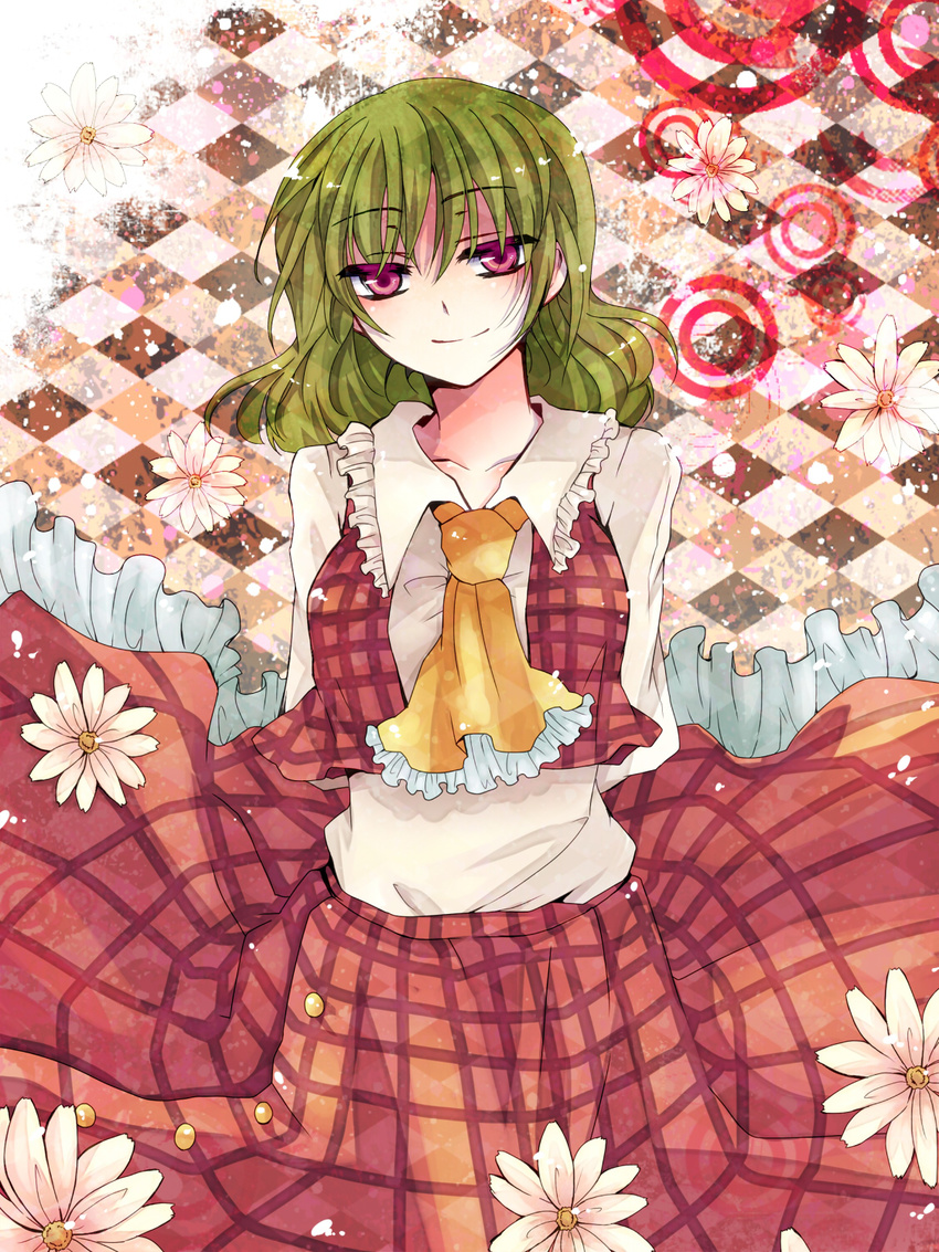 ascot flower green_hair highres hiyori7 kazami_yuuka md5_mismatch plaid plaid_skirt plaid_vest red_eyes short_hair skirt skirt_set smile solo touhou vest