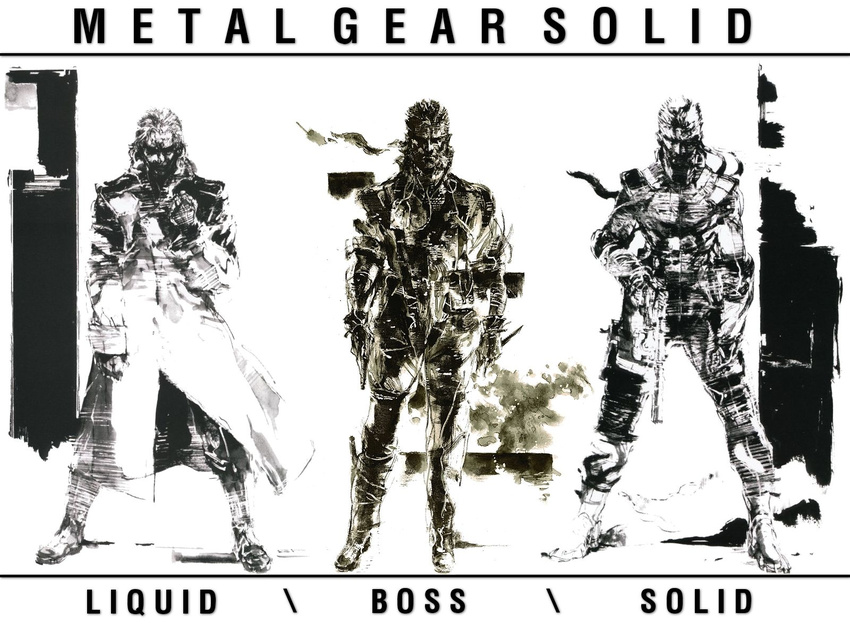 artist_request big_boss gun highres liquid_snake metal_gear_(series) metal_gear_solid multiple_boys naked_snake official_art solid_snake weapon