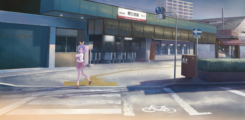 anime_location blue_eyes building cityscape crosswalk fare_gate hiiragi_tsukasa isou_nagi lucky_star outdoors purple_hair ribbon road ryouou_school_uniform school_uniform serafuku short_hair sign solo street tactile_paving ticket_machine train_station