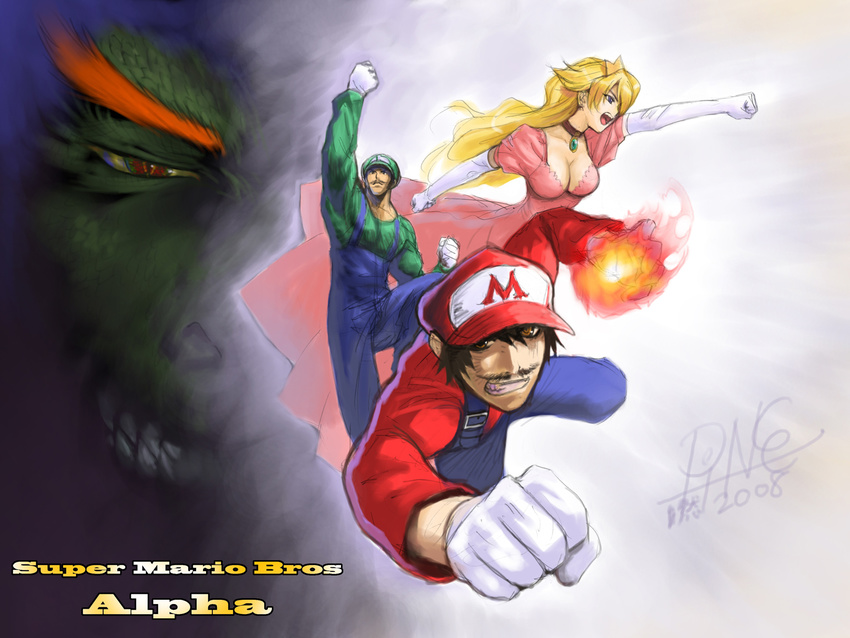 2boys abs action bowser breasts cleavage highres jayun long_hair luigi mario mario_(series) medium_breasts multiple_boys parody princess_peach punching shouryuuken street_fighter street_fighter_zero_(series) super_mario_bros. uppercut wallpaper