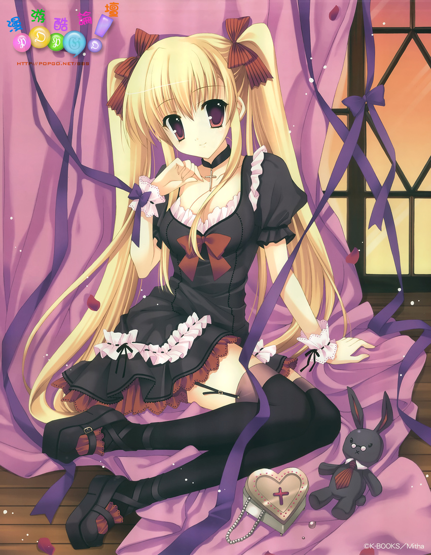 blonde_hair breasts choker cleavage copyright_request cross dress garter_straps hair_ribbon highres long_hair medium_breasts mitha purple_eyes ribbon solo stuffed_animal stuffed_bunny stuffed_toy thighhighs twintails wooden_floor wrist_cuffs