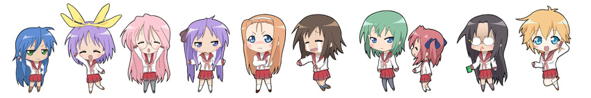 absurdres aokage blood chibi everyone fang glasses highres hiiragi_kagami hiiragi_tsukasa iwasaki_minami izumi_konata kobayakawa_yutaka kusakabe_misao long_image lucky_star minegishi_ayano multiple_girls nosebleed pantyhose patricia_martin ryouou_school_uniform school_uniform serafuku simple_background takara_miyuki tamura_hiyori tears white_background wide_image